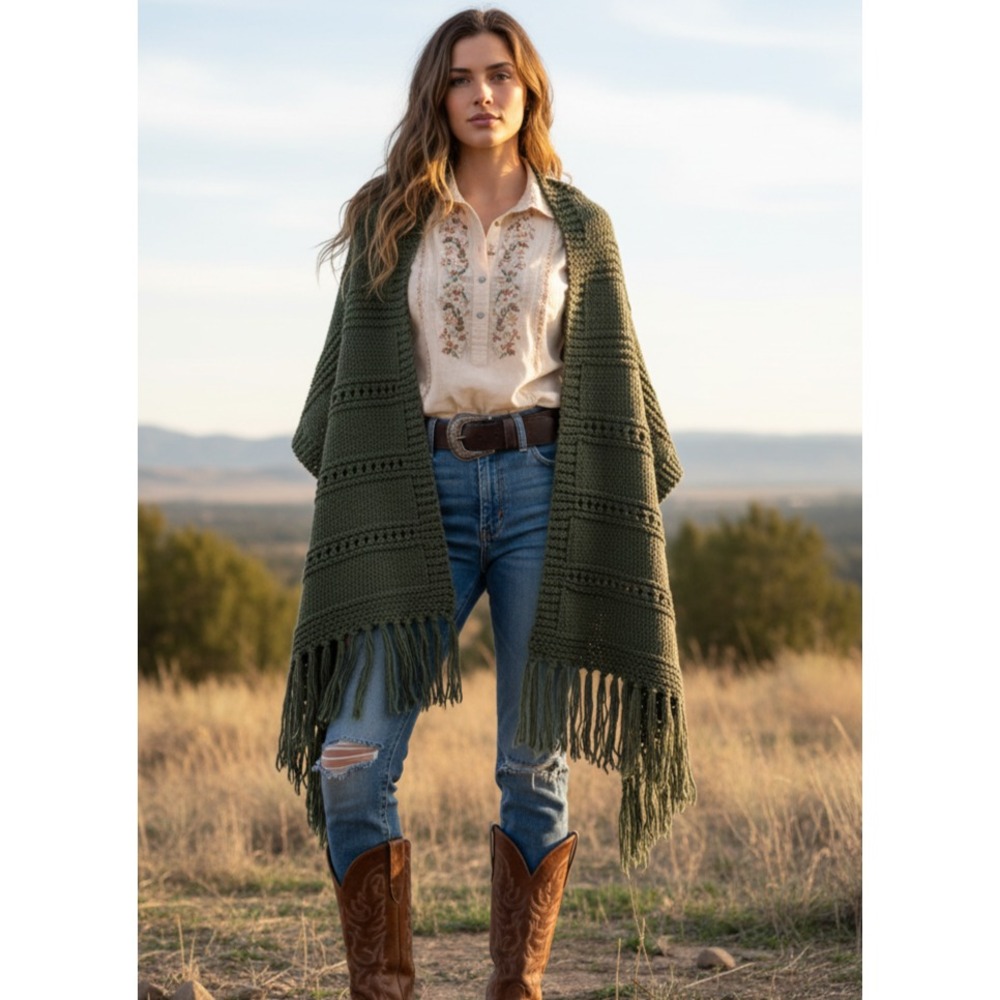 NEW Green Hand Knitted Shawl Wrap Boho‎ Hippie Fringe Earthy Cottage Indie Artsy